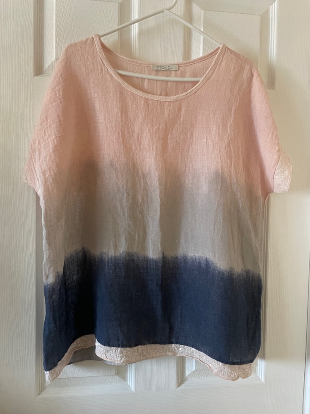 Beautiful blush pink and navy blue ombré linen blend blouse
